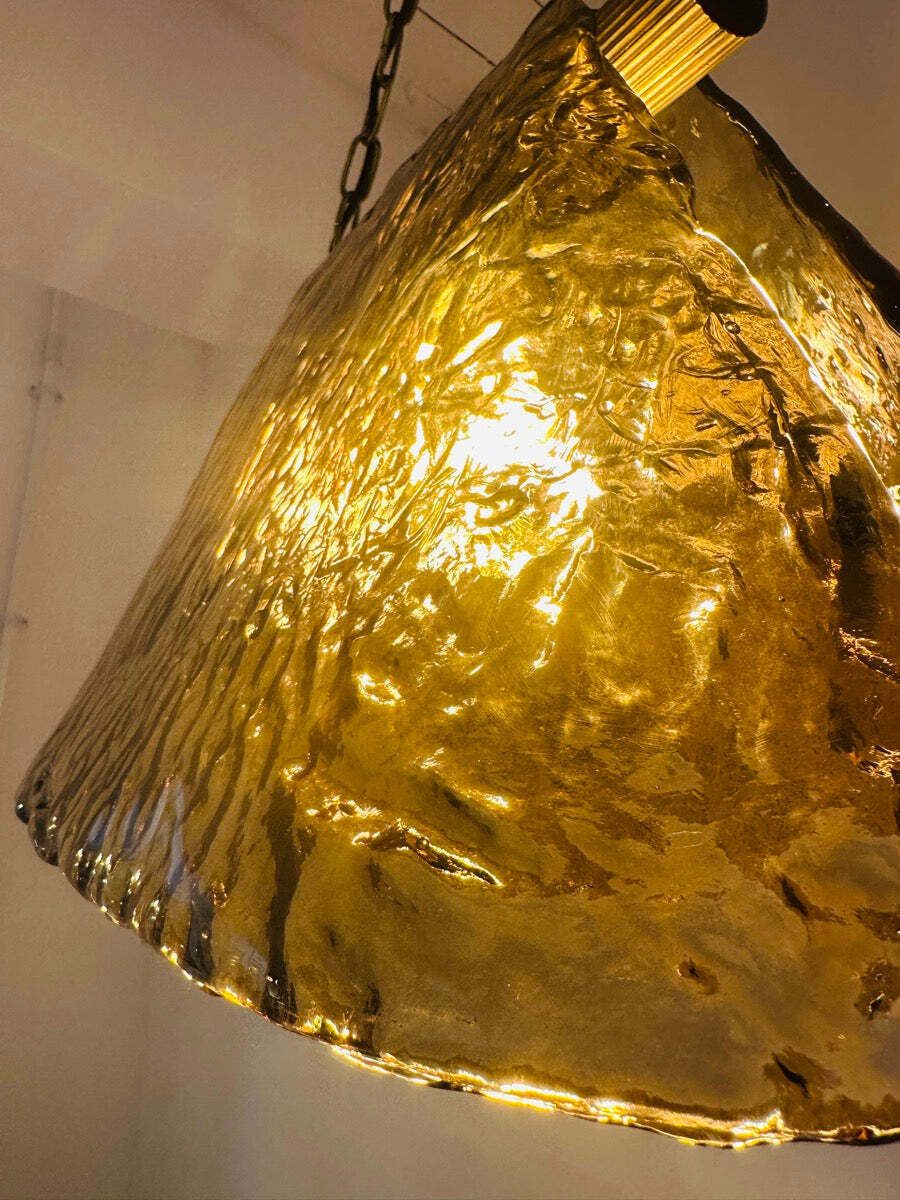photo furniture 1960s Vintage Carlo Nason For Mazzega Polished Ribbed Brass And Murano Glass Hanging Ceiling Light