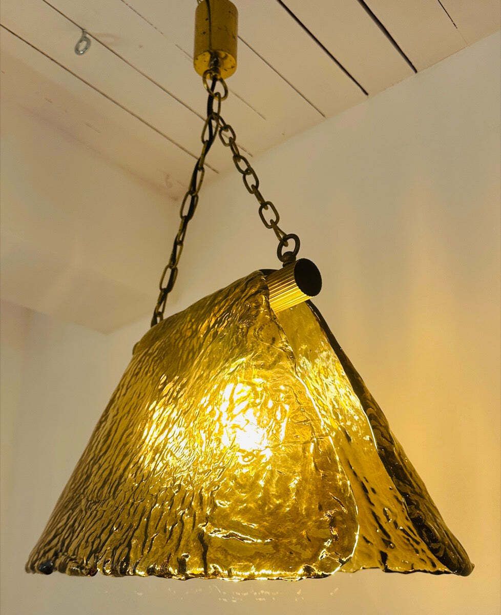 875.0 1960s Vintage Carlo Nason For Mazzega Polished Ribbed Brass And Murano Glass Hanging Ceiling Light photo