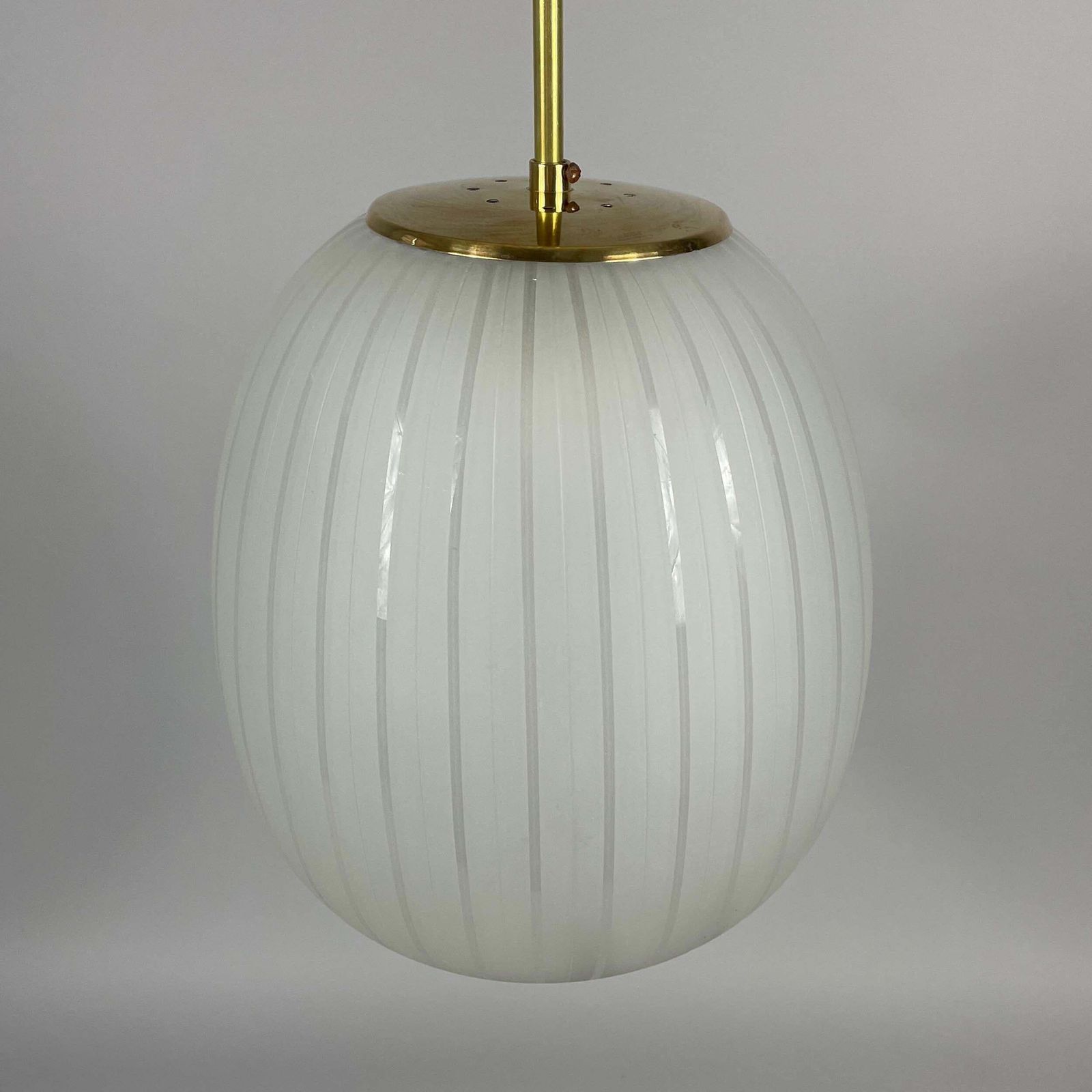 Striped Frosted Glass & Brass Pendant, Orrefors Sweden 1950s photo 2139.0