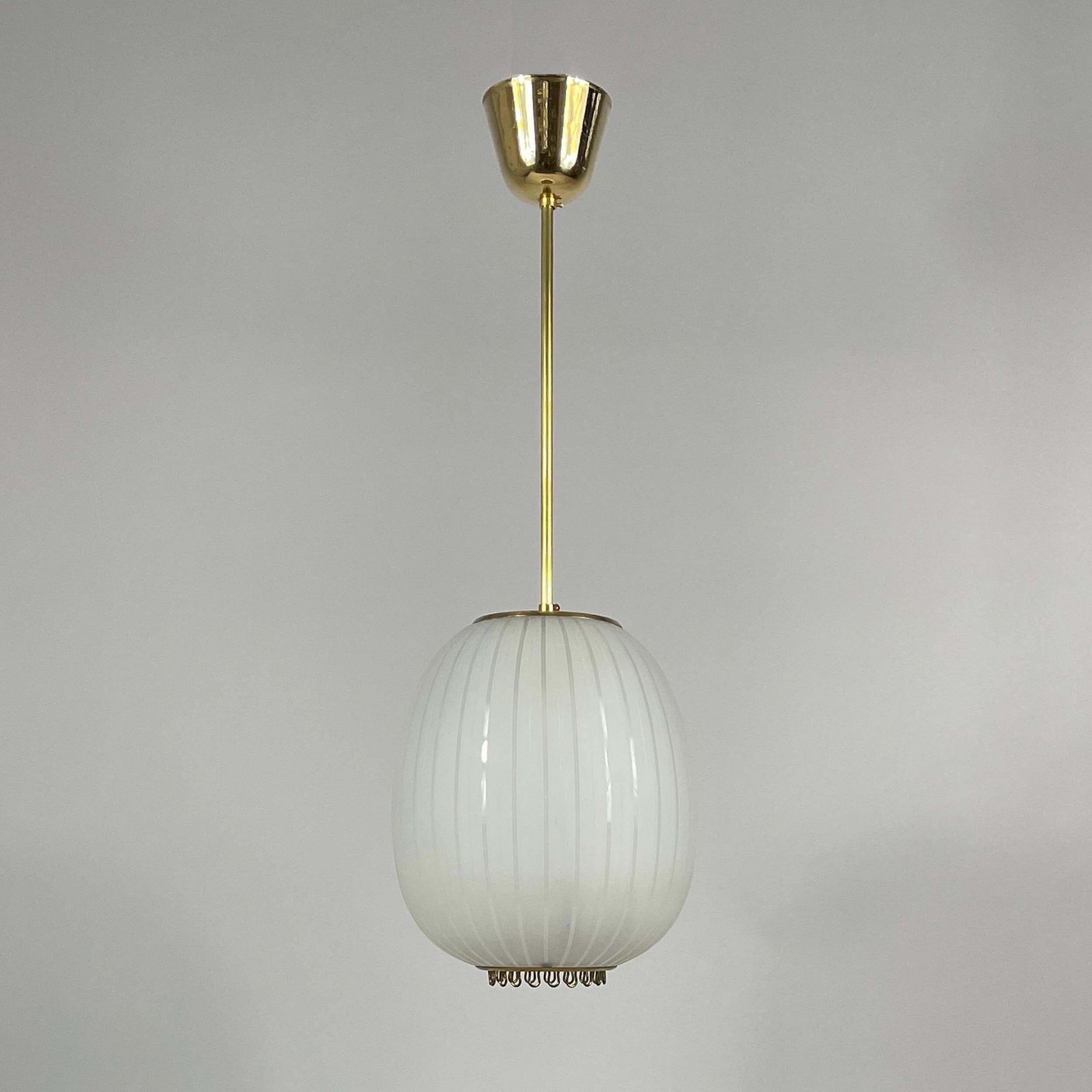 photo vinterior Striped Frosted Glass & Brass Pendant, Orrefors Sweden 1950s