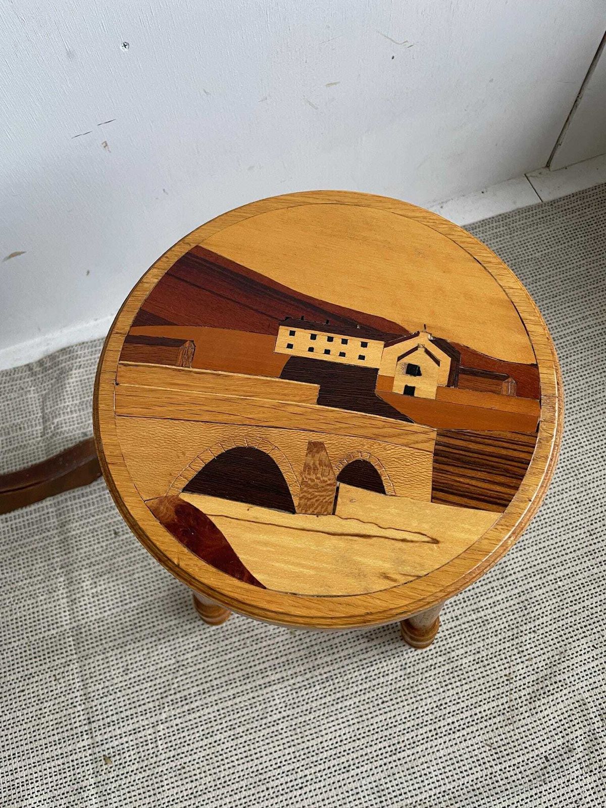 Small Arts And Crafts Traditional Style Stool With Wooden Inlay Of Kettlewell By J Hammond photo furniture