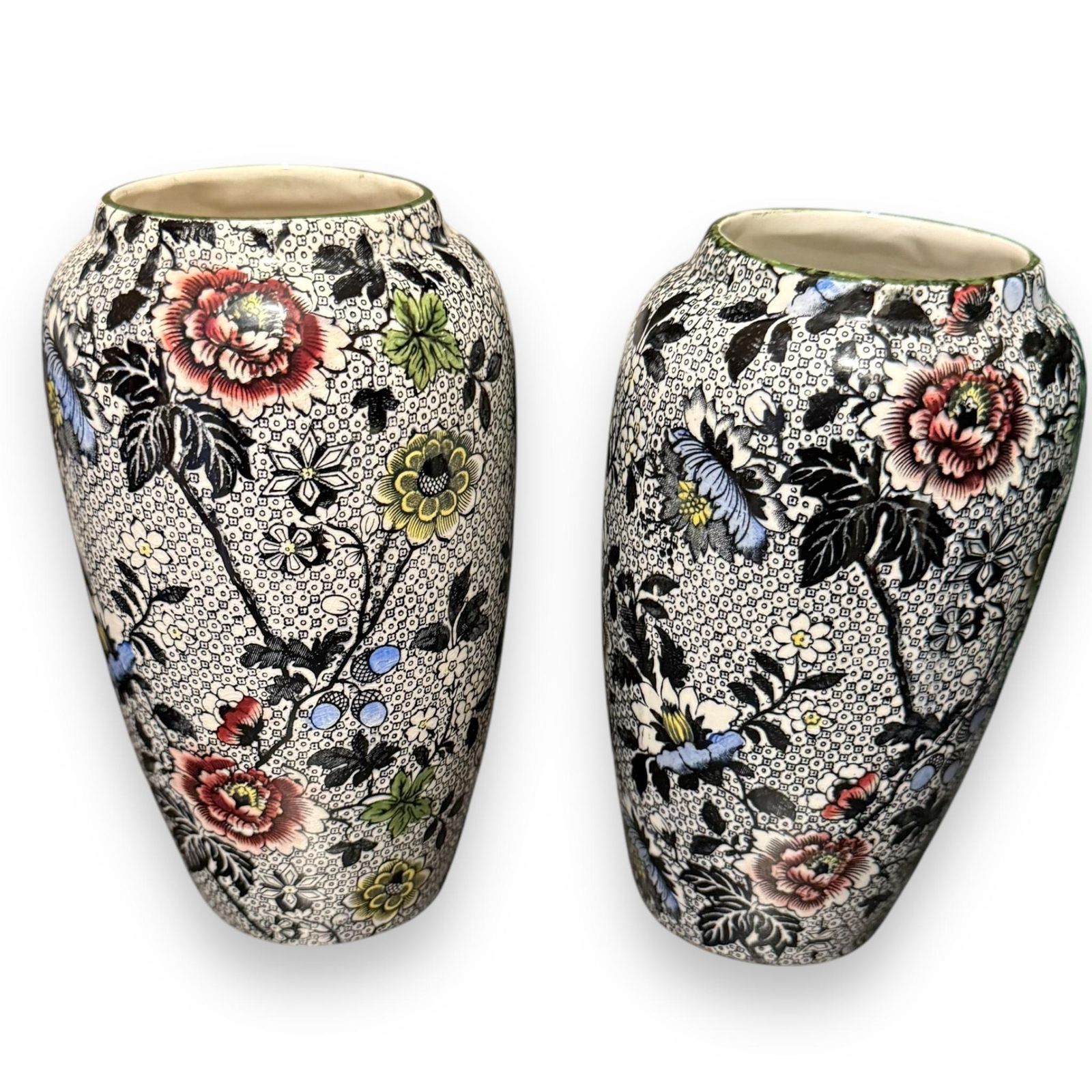 Pair Of Antique Dean's Burslem Ye Olde Dresden Black Chintz Vases photo furniture
