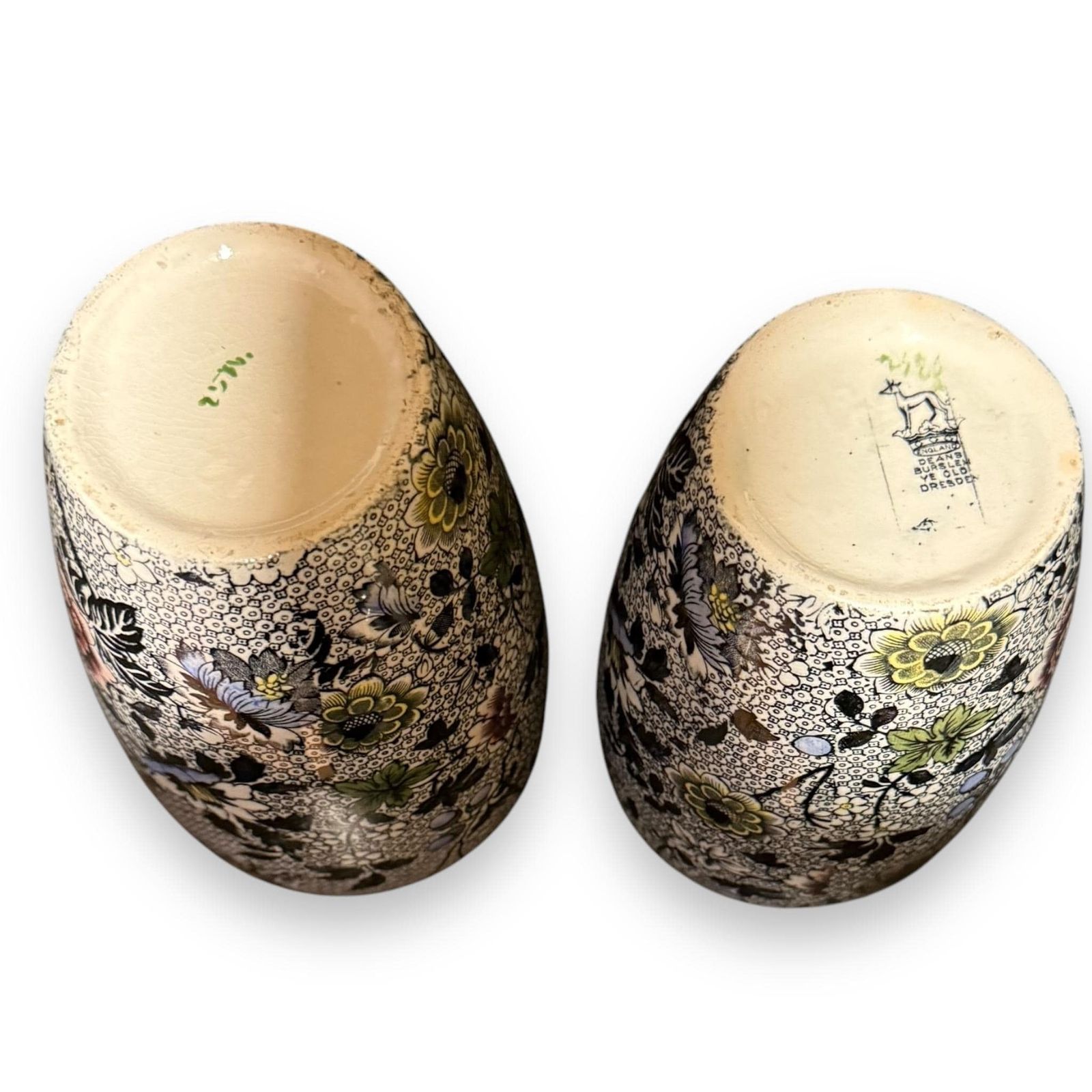 Pair Of Antique Dean's Burslem Ye Olde Dresden Black Chintz Vases photo vinterior