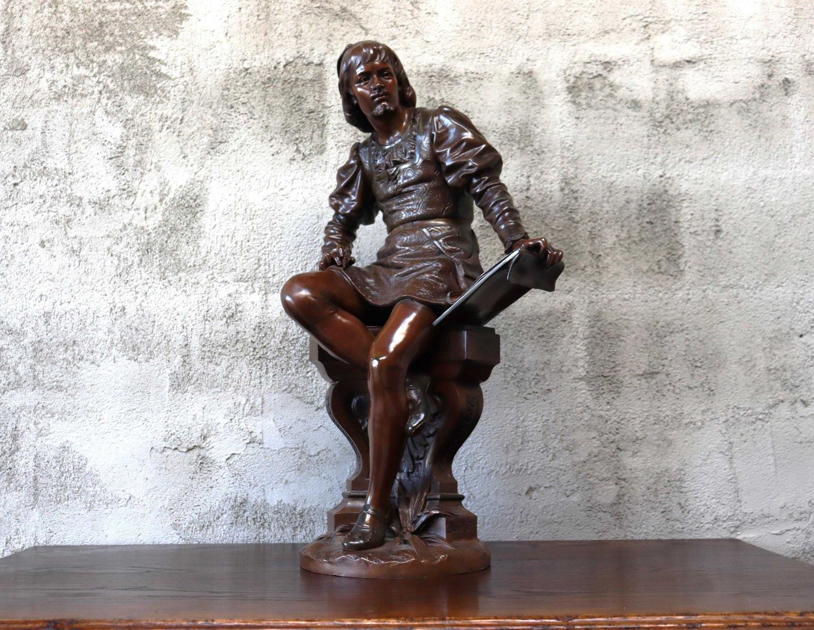 Antiek Bronzen Beeld Van Een Schrijver, 19e Eeuw, Naar Werk Van De Franse Beeldhouwer Eutrope Bouret (St. 234)