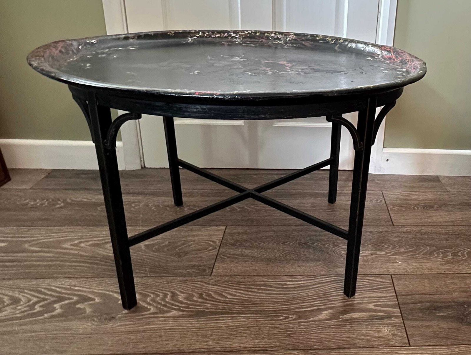 Antique Victorian Papier Mache Tray On Stand With Mother Of Pearl Inlay photo furniture