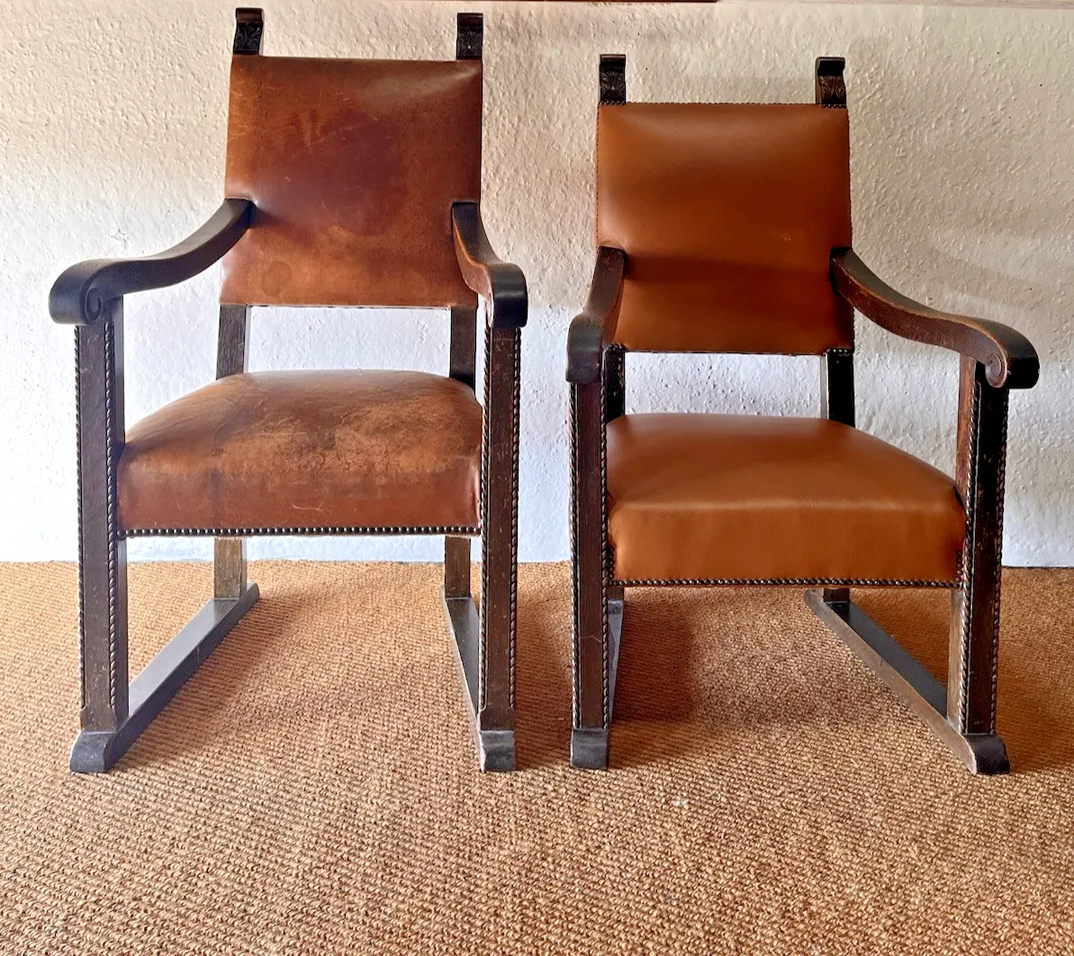 Large Antique Arts & Crafts Solid Oak Antique Tan Leather King Throne Arm Chair photo vinterior