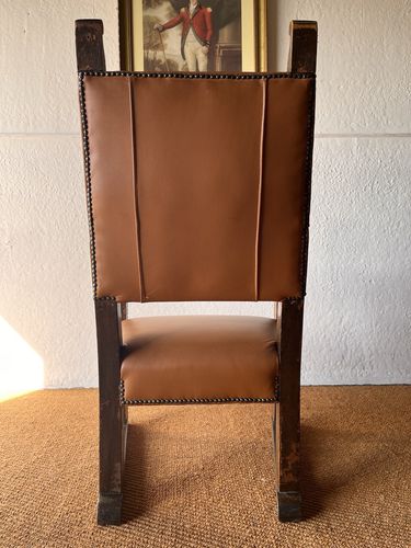 Furniture Large Antique Arts & Crafts Solid Oak Antique Tan Leather Queen Throne Arm Chair photo