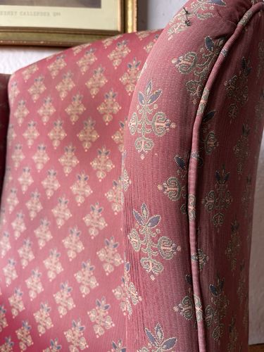 photo vinterior Large Comfortable Antique Wingback Chair With Clean Grey Coloured Loose Covers