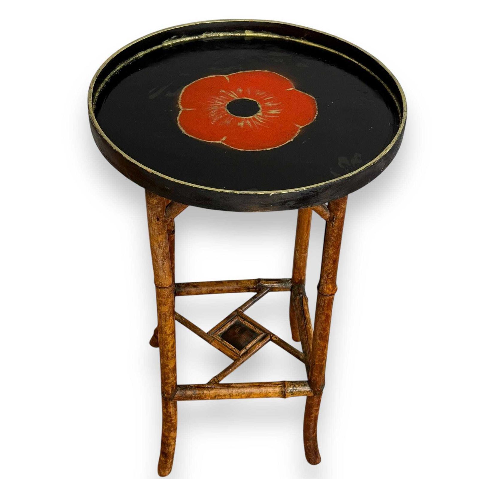Antique Late 19th Century Bamboo Side Table – Aesthetic Movement With Hand Painted Poppy Top photo furniture