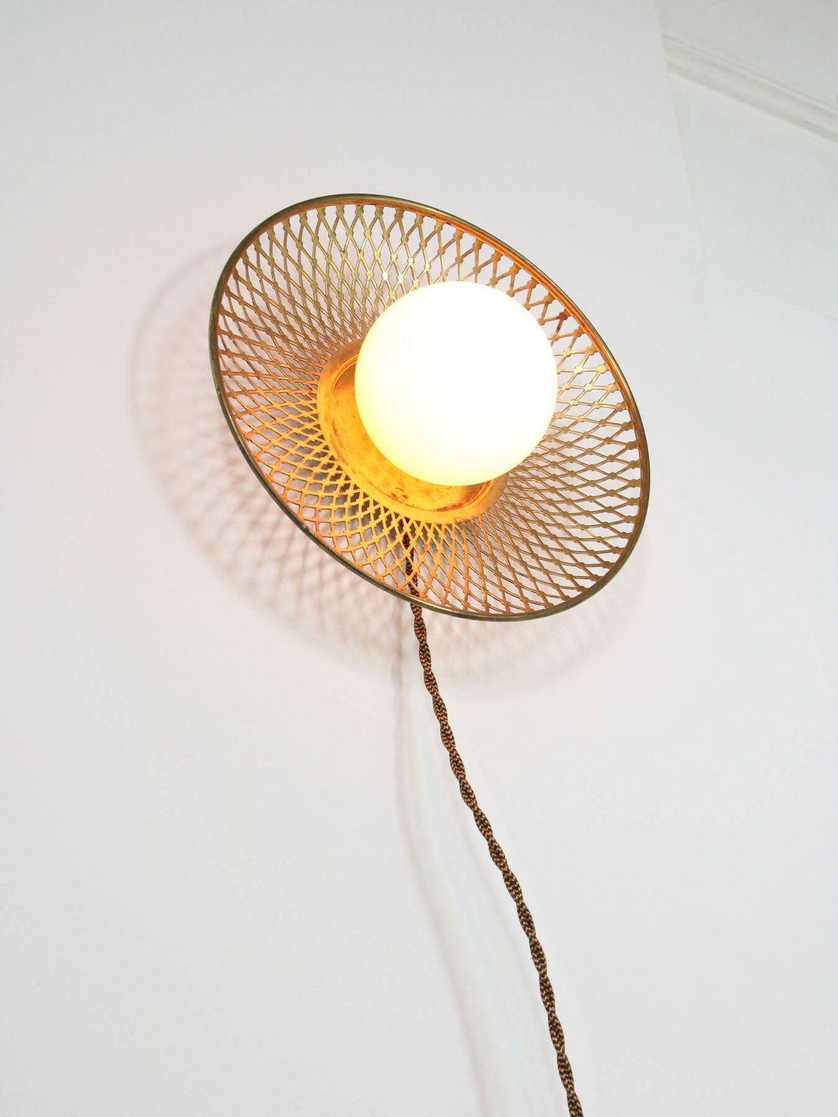 Mid Century Intricate Wall Lamp In Brass And Opaline Glass, 1950s photo furniture