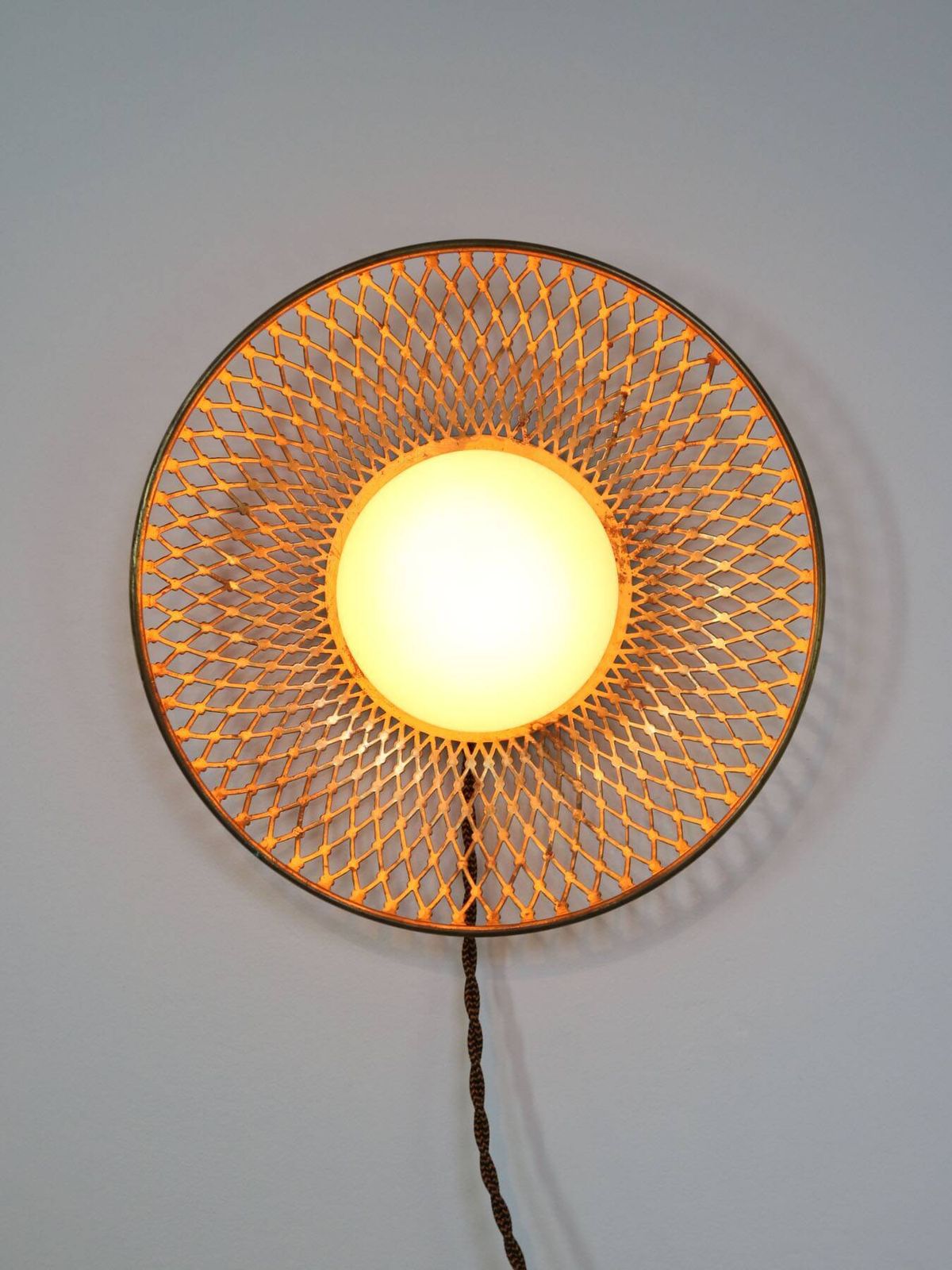 Mid Century Intricate Wall Lamp In Brass And Opaline Glass, 1950s photo vinterior