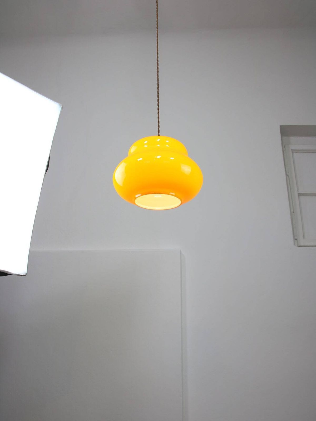 Mid Century Italian Yellow Glass And Brass Pendant Lamp photo for sale