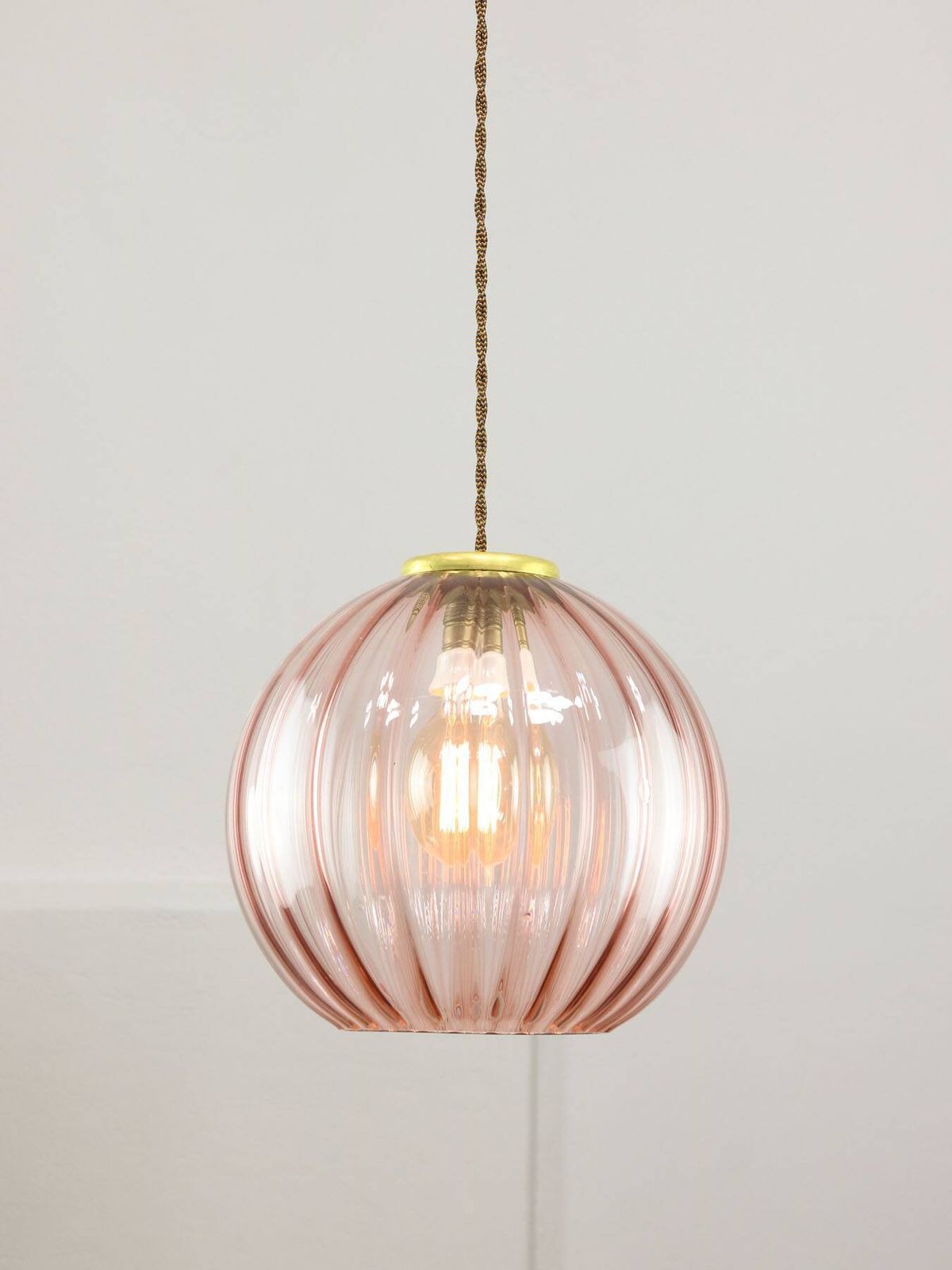399.0 Mid Century Italian Pink Glass And Brass Pendant Lamp photo