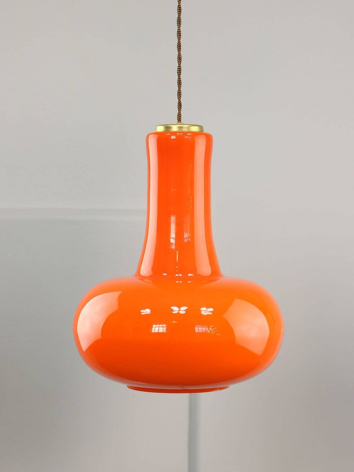 Mid Century Italian Orange Glass And Brass Pendant Lamp photo for sale
