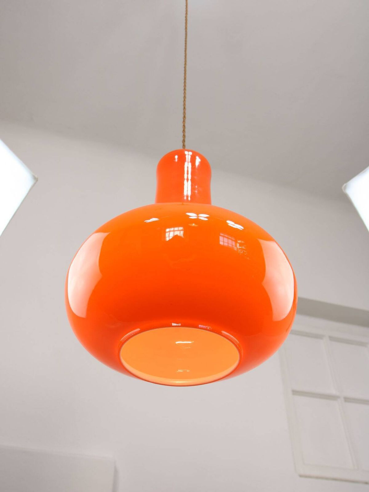 Mid Century Italian Orange Glass And Brass Pendant Lamp photo buy
