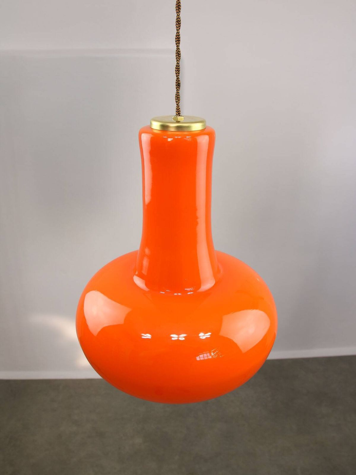 photo for sale Mid Century Italian Orange Glass And Brass Pendant Lamp