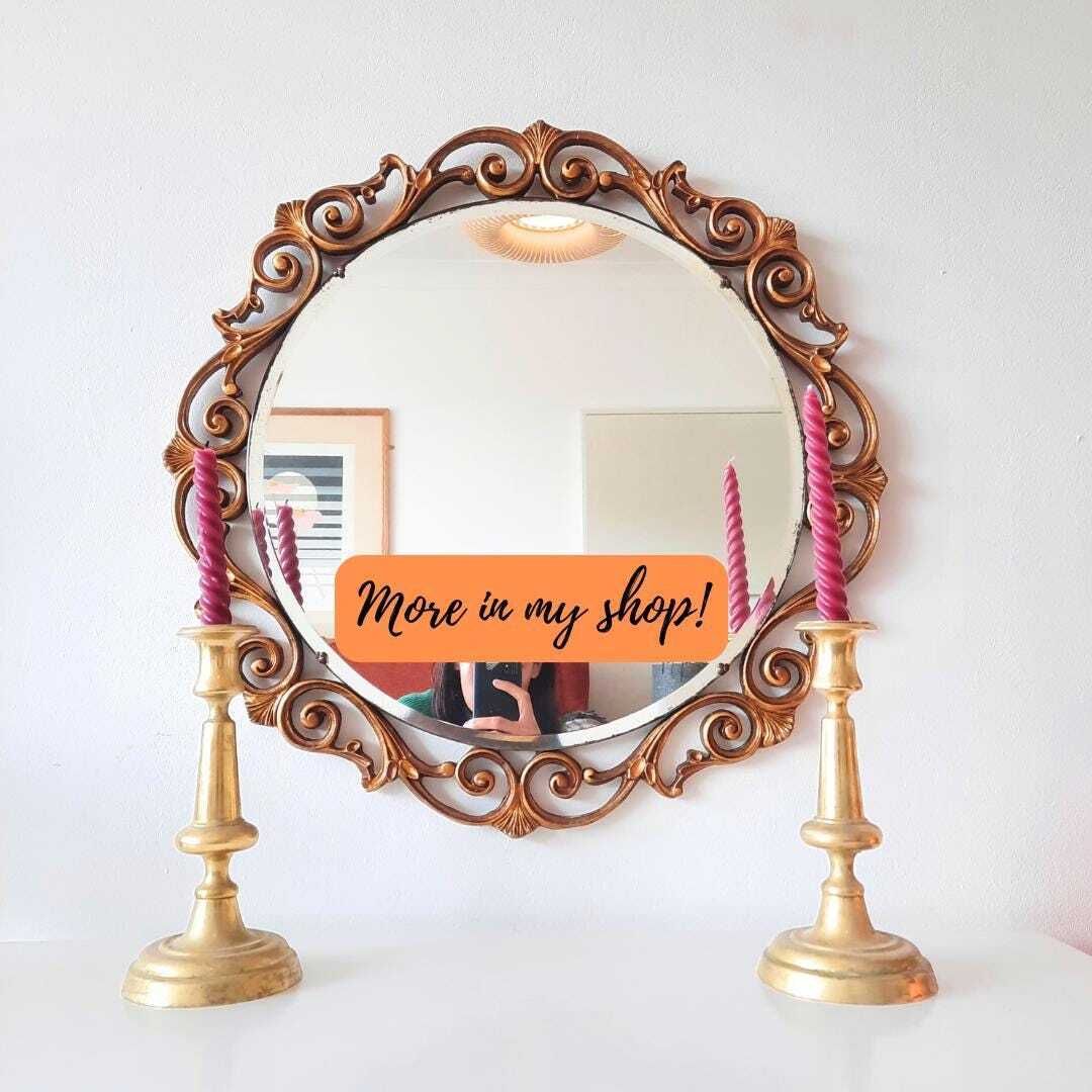 Large Mid Century Atsonea Round Giltwood Ornate Wall Mirror Bevelled Edge 1950's D 23'' Rococo Style photo for sale