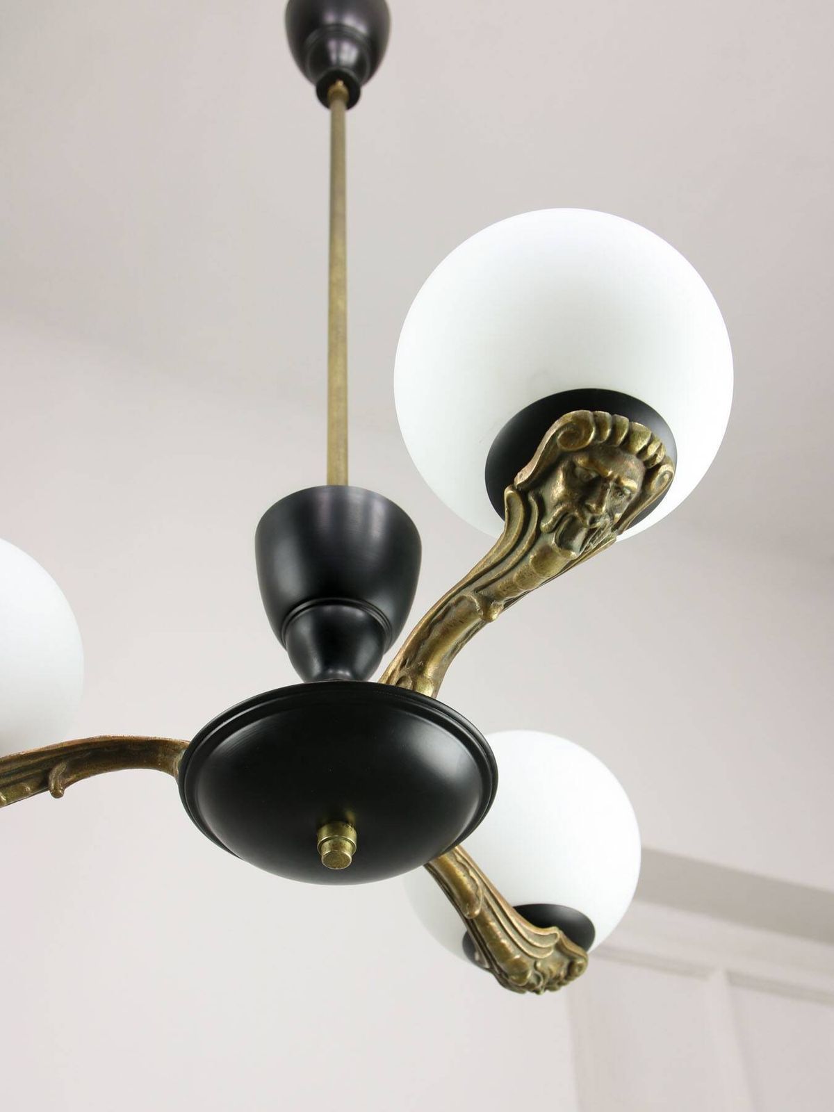 Lighting Art Deco French Brass And Opaline Chandelier, 1930 photo