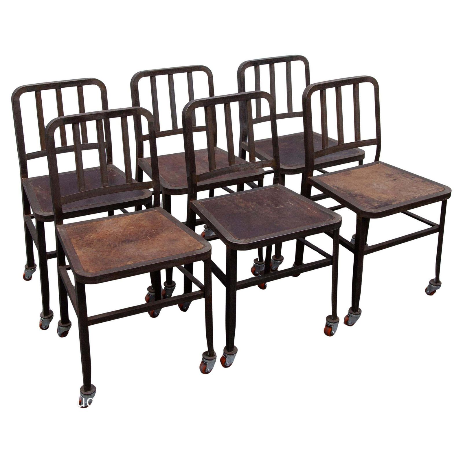 Vintage Set Of Six Emeco Navy Industrial Iron Chairs On Wheels With Wooden Seat