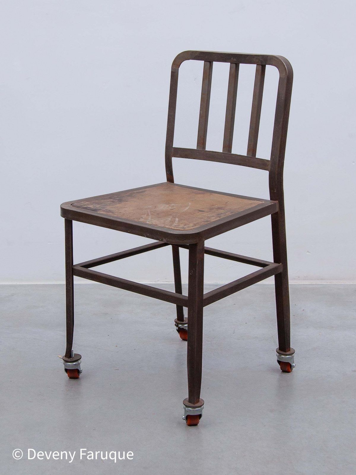 Vintage Set Of Six Emeco Navy Industrial Iron Chairs On Wheels With Wooden Seat photo for sale