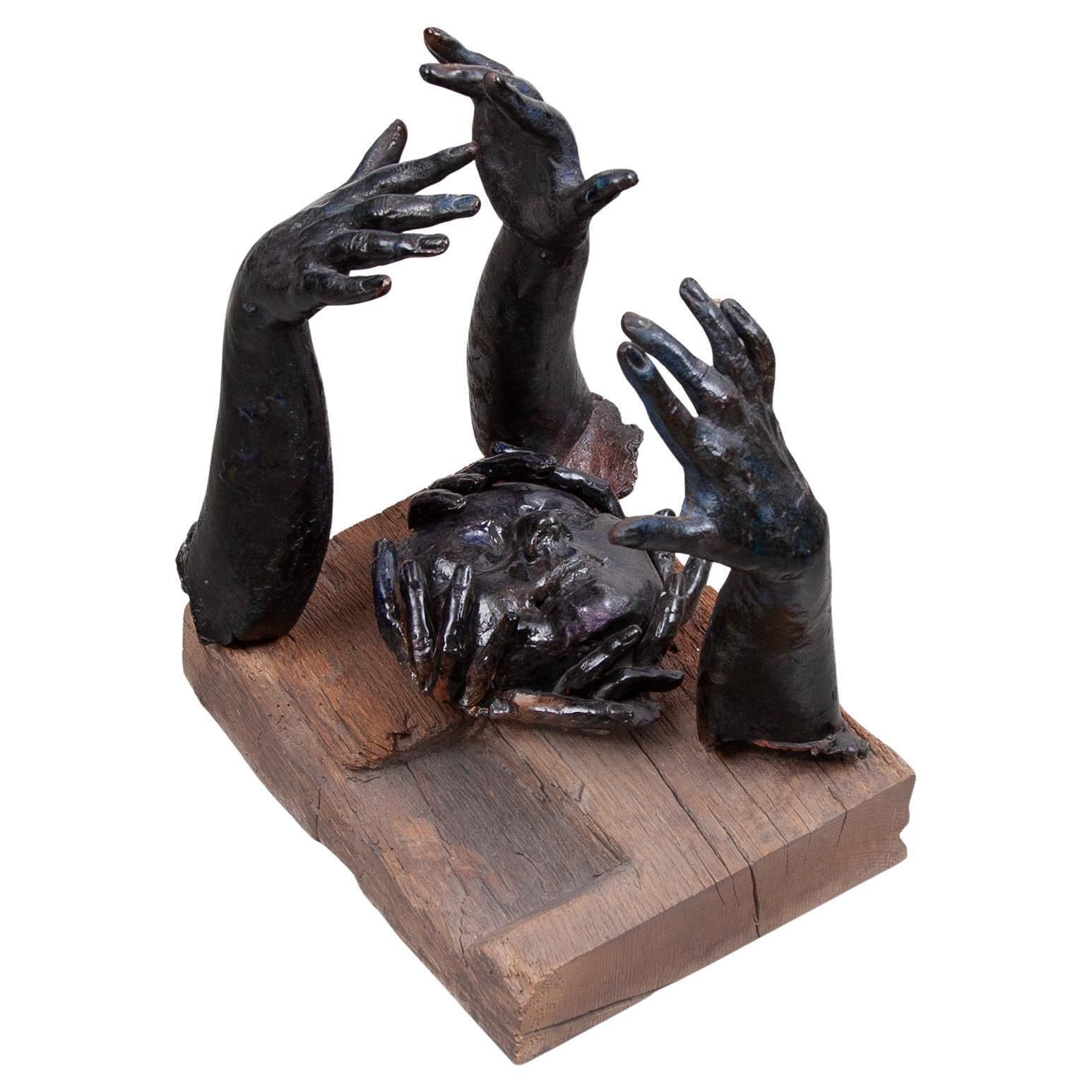 Rare Blue Glazed Ceramic Sculpture Decorated With Hands, 1970s, Belgium
