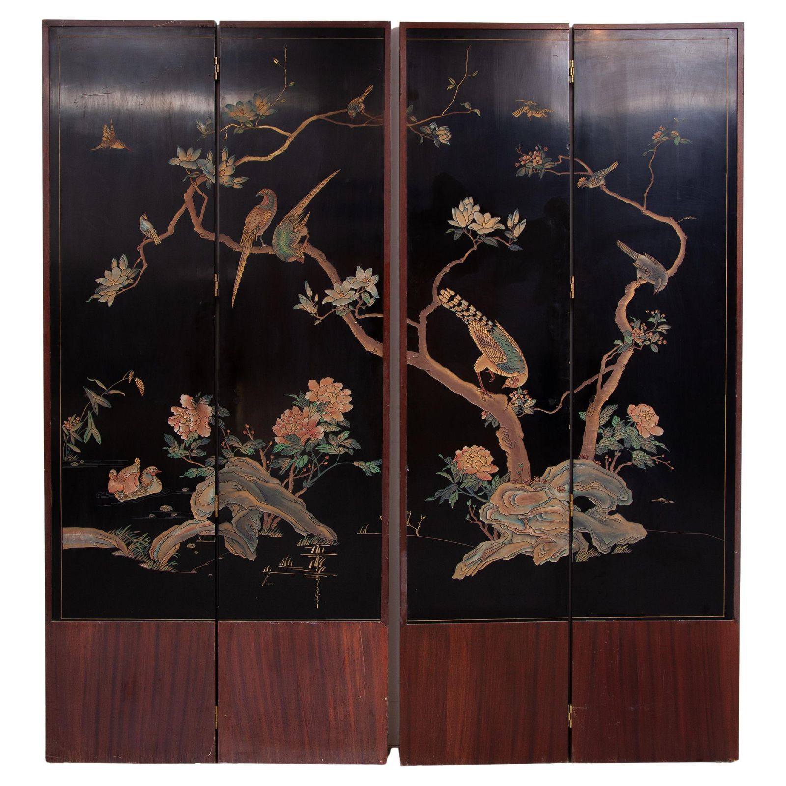 Midcentury Modern Chinese Four Panel Screen, Roomdivider With Landscape & Birds
