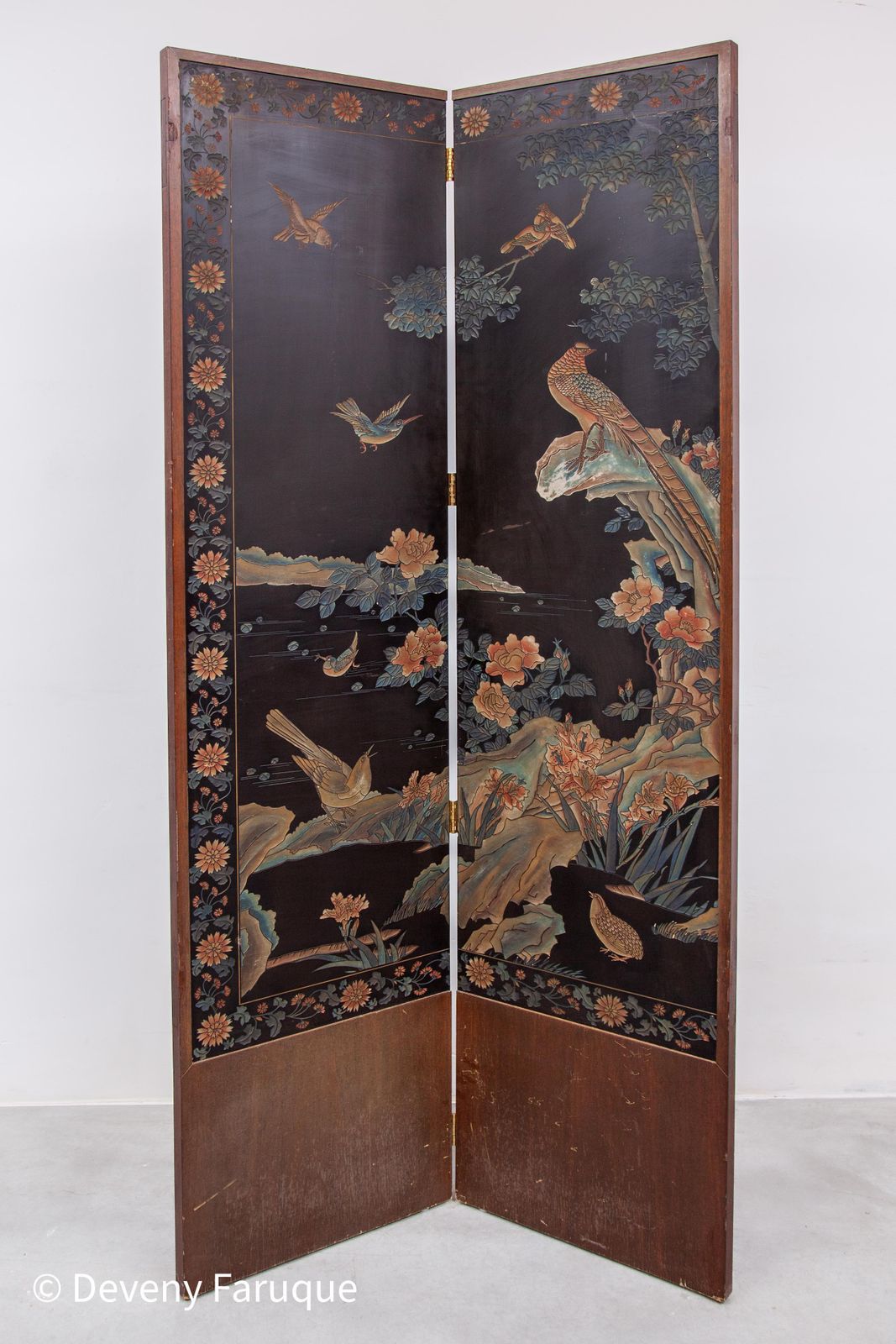 Midcentury Modern Chinese Four Panel Screen, Roomdivider With Landscape & Birds photo for sale