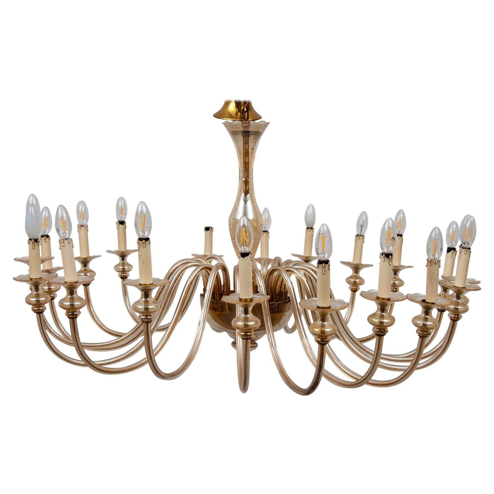 Hollywood Regency Murano Large Eighteen Arms Amber Glass Chandelier, 1950s