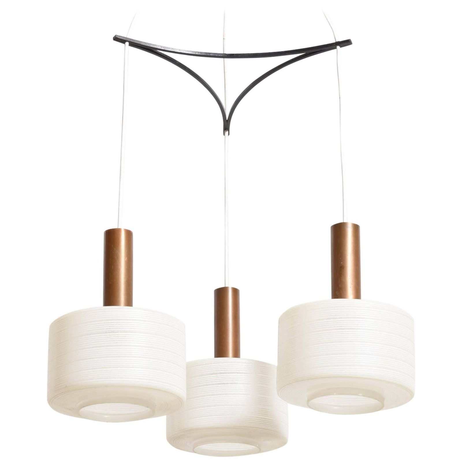 Glass Brass Pendant Three Light Cylinder White Stripe Shades, Tapio Wirkkala