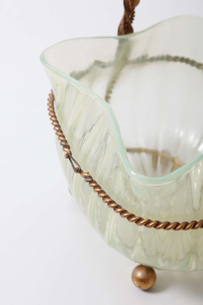 Art Nouveau Center Table Piece Green Opalescent Glass And Brass Jewel Frame photo vinterior