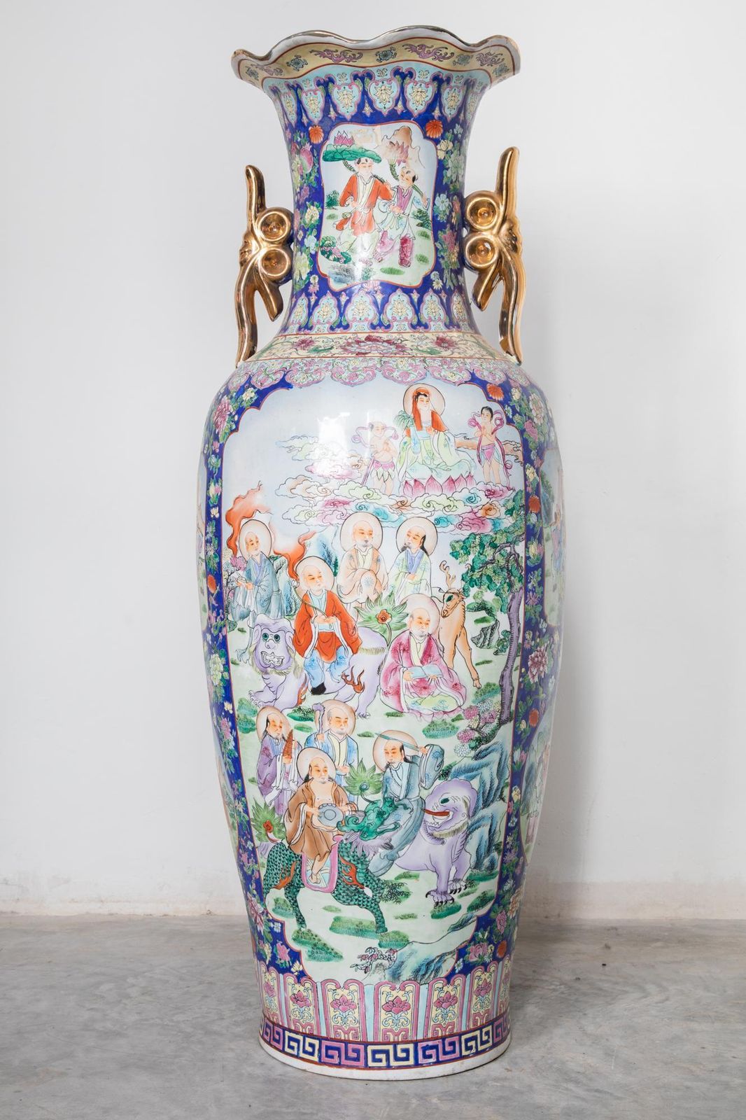 Polychrome Chinese Hunting Scene Large Porcelain Vase Rose Family, 1960s photo for sale
