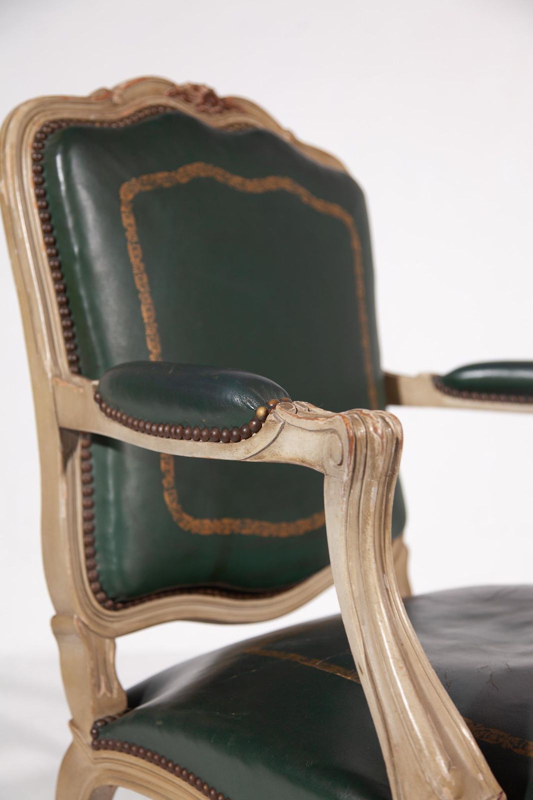 Green Leather Louis XV Armchair, France photo vinterior