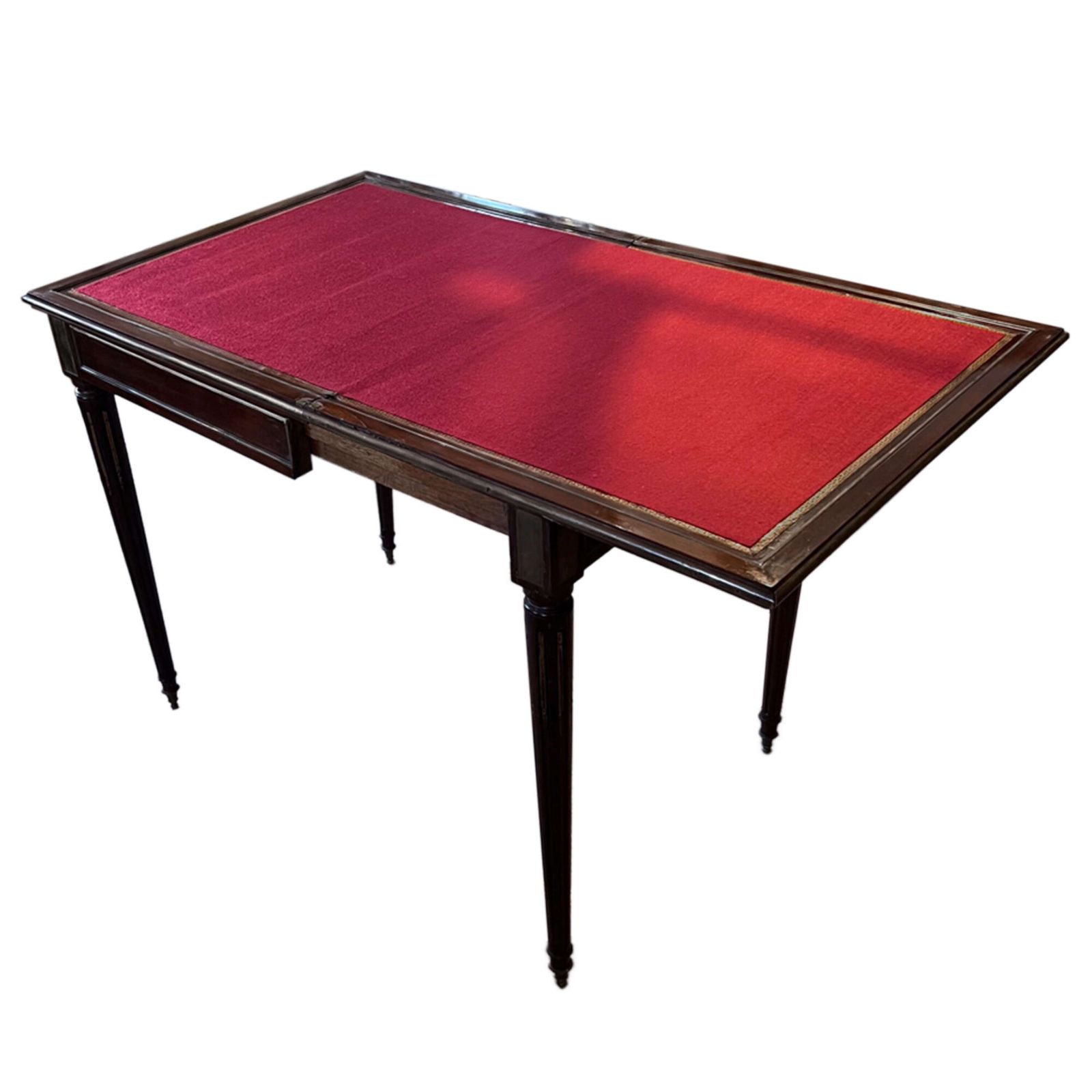 French Mid 19th Century Mahogany Card Table With Crimson Baize Game Surface & Brass Inlay
