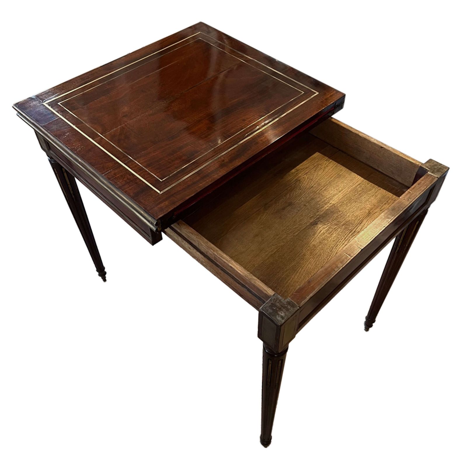 French Mid 19th Century Mahogany Card Table With Crimson Baize Game Surface & Brass Inlay photo for sale