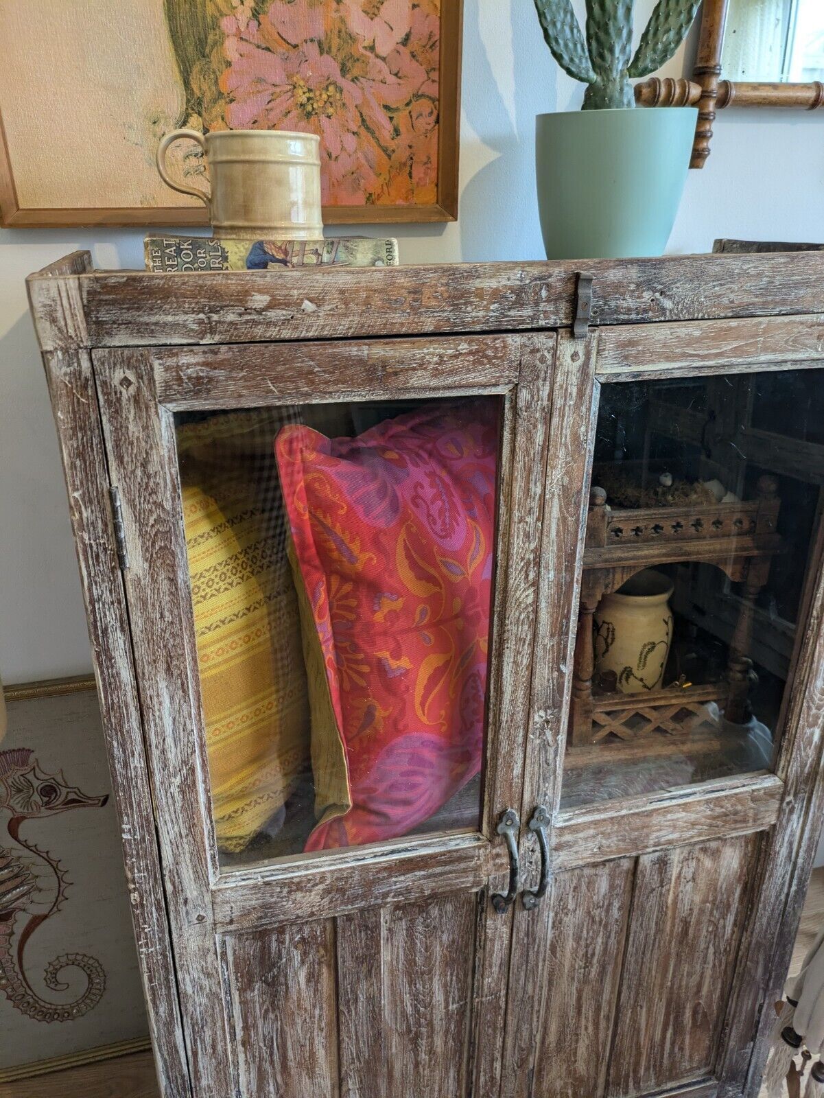 Restored Antique Vtg Wood Indian Cabinet Cupboard Paint Glazed Reclaimed Rustic photo 595.0