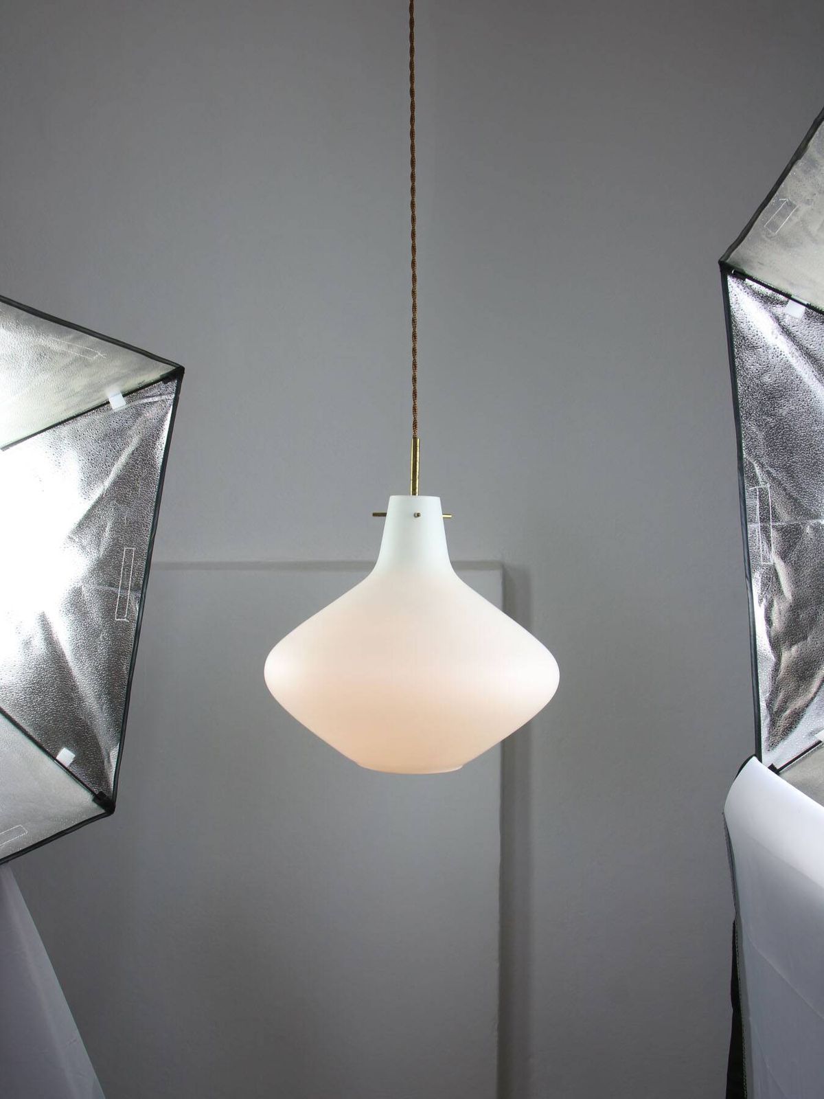 Mid Century Italian Brass And Opaline Glass Pendant Lamp photo for sale