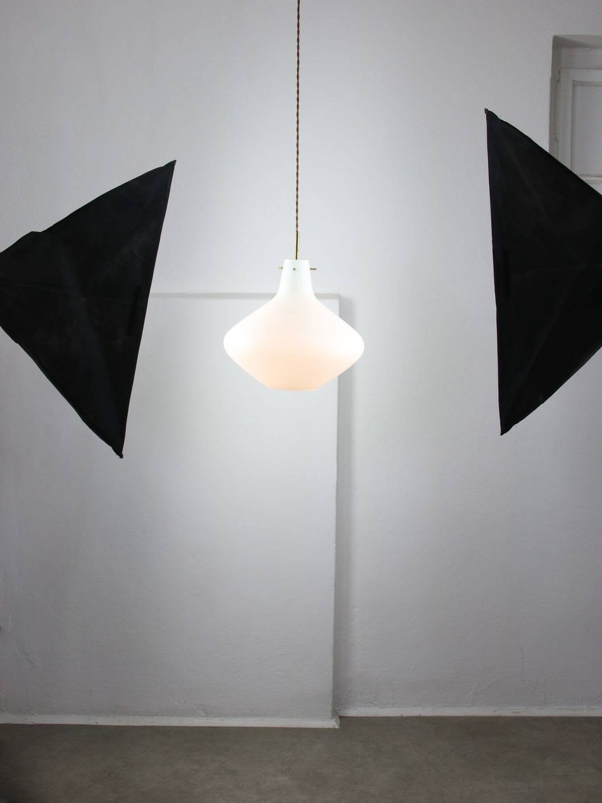 Lighting Mid Century Italian Brass And Opaline Glass Pendant Lamp photo