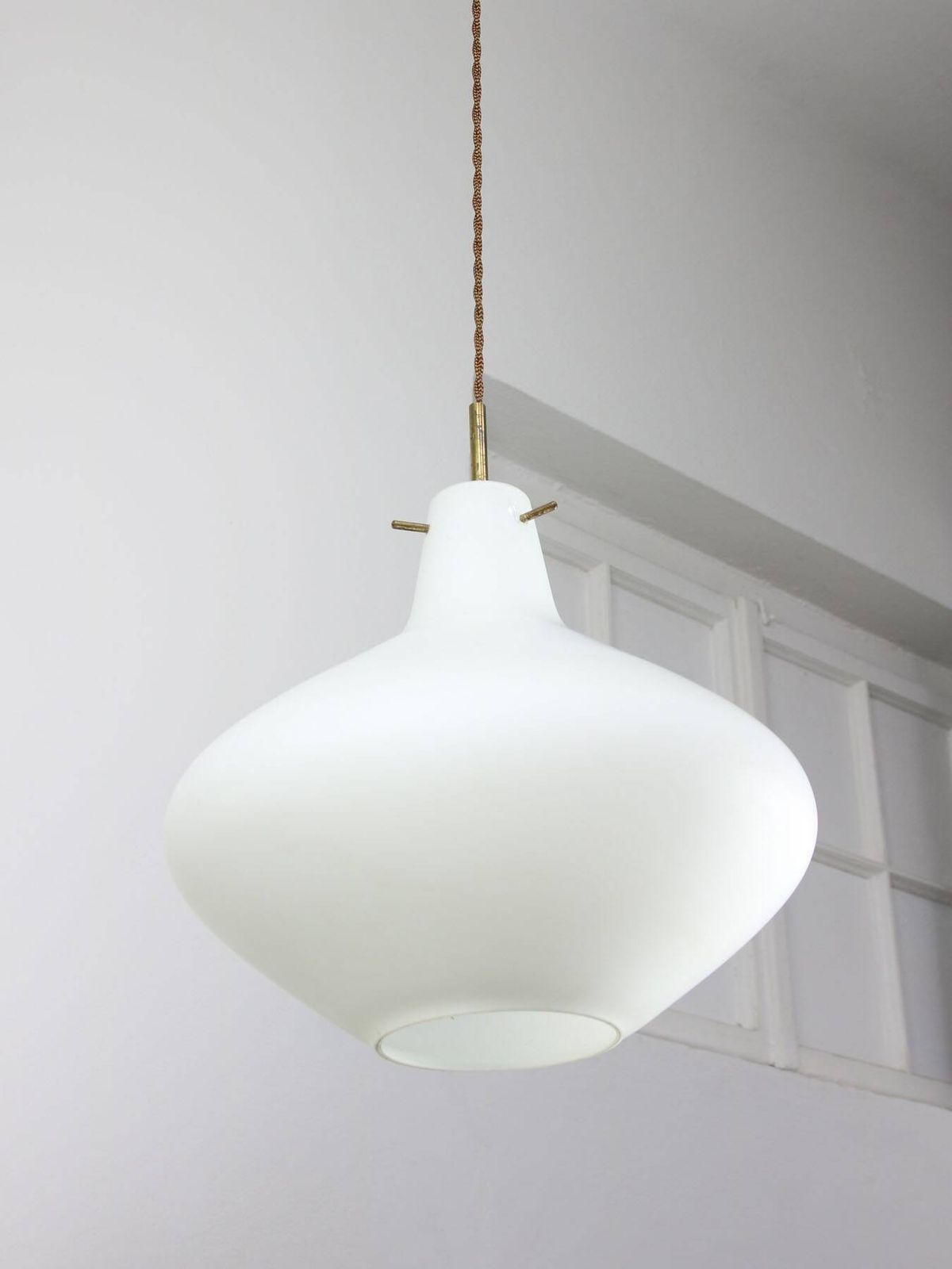 620.0 Mid Century Italian Brass And Opaline Glass Pendant Lamp photo