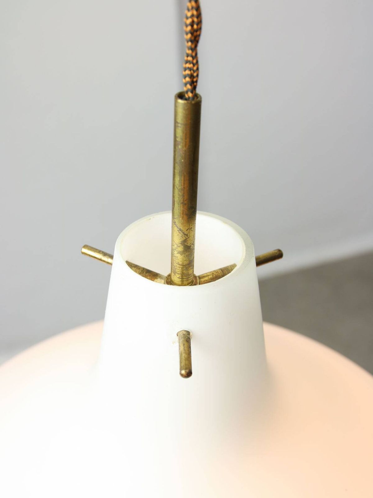 photo buy Mid Century Italian Brass And Opaline Glass Pendant Lamp