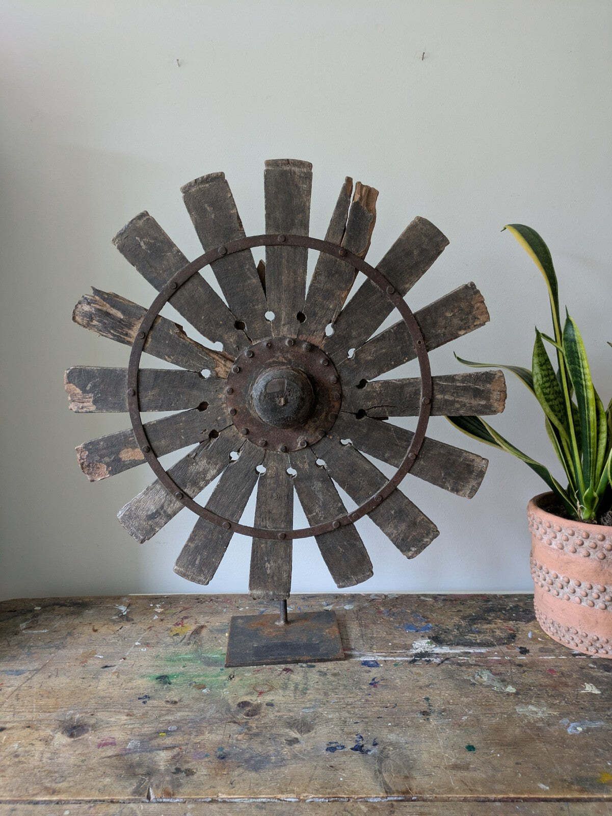Vintage Rustic Antique Indian Silk Spinning Charkha Wheel Sculpture On Stand Vgc