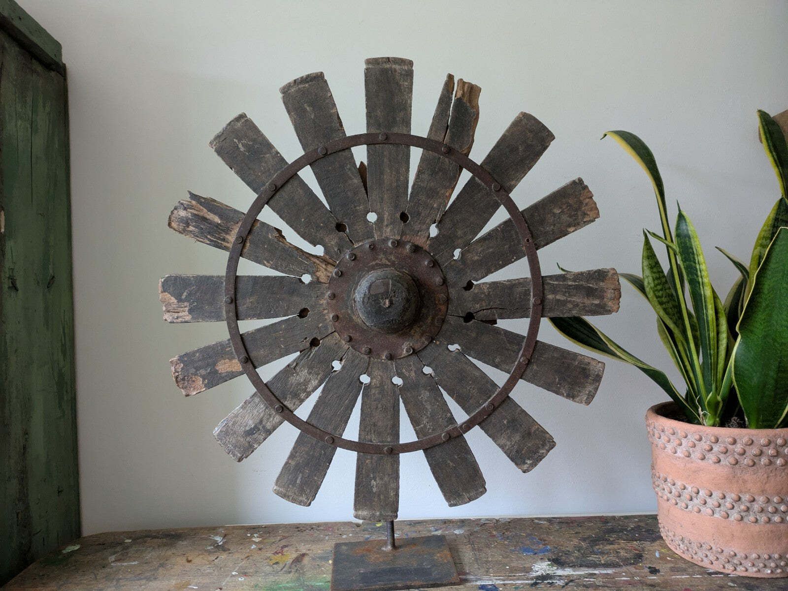 Vintage Rustic Antique Indian Silk Spinning Charkha Wheel Sculpture On Stand Vgc photo furniture