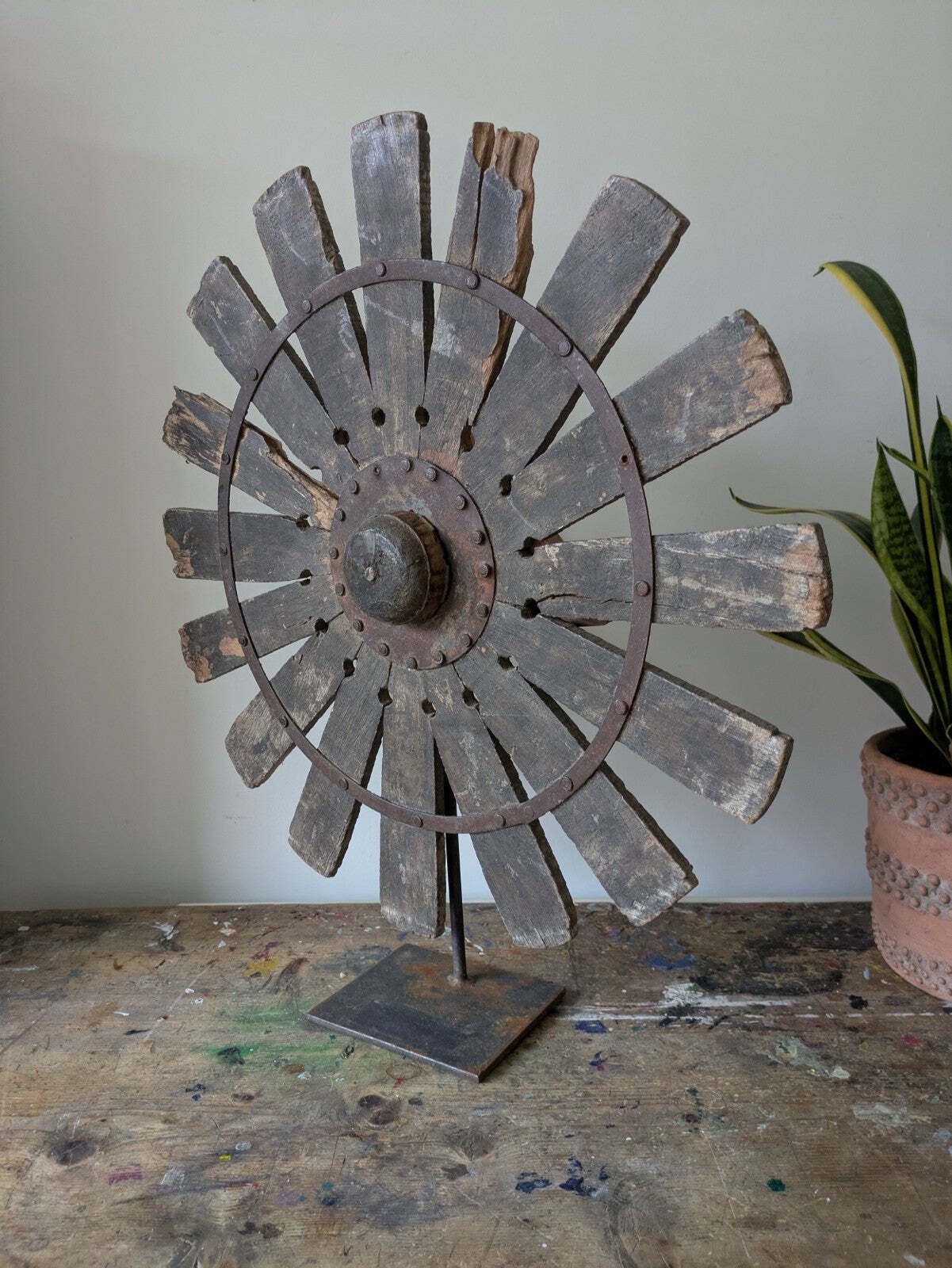Vintage Rustic Antique Indian Silk Spinning Charkha Wheel Sculpture On Stand Vgc photo Art