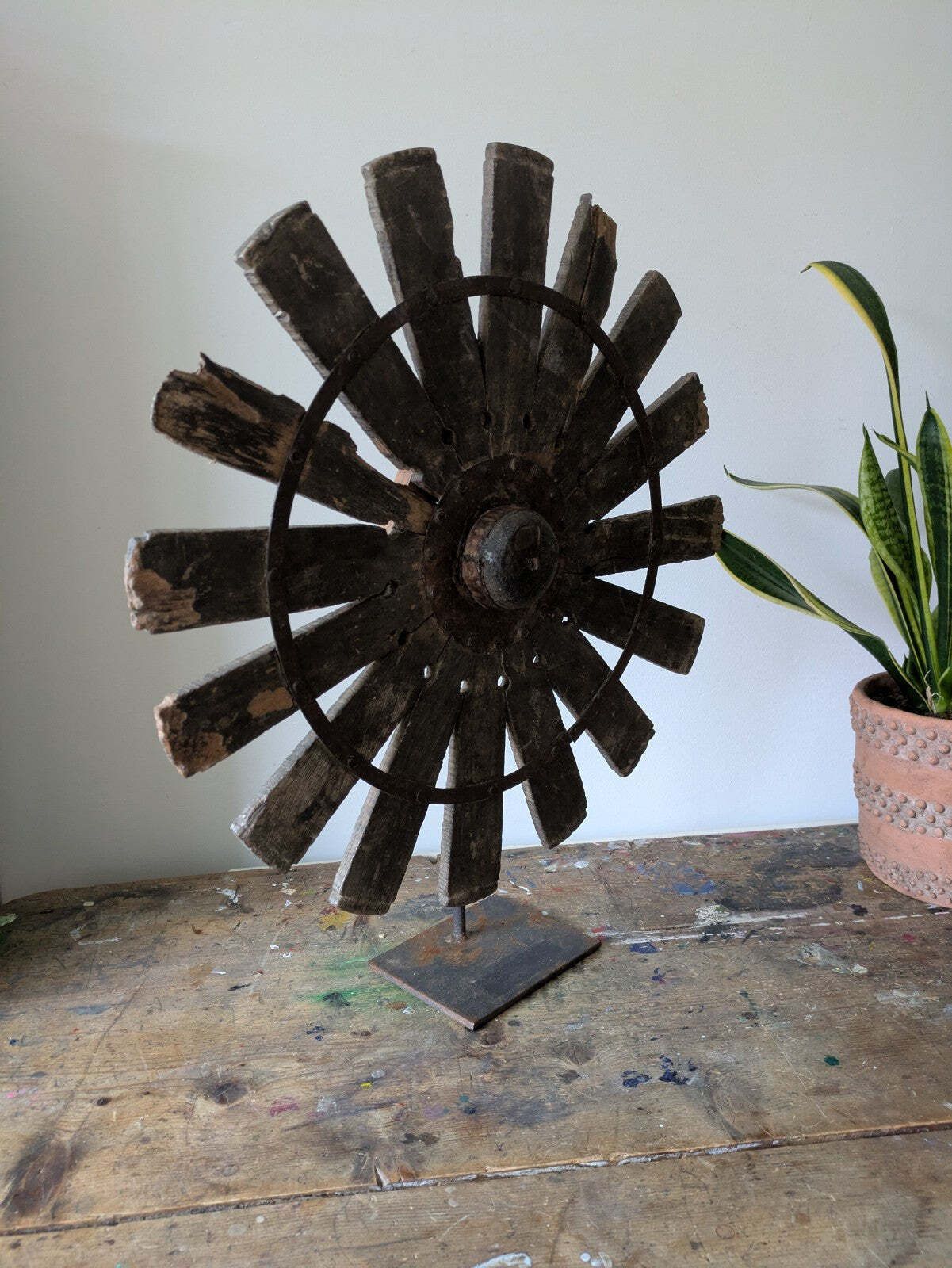 Vintage Rustic Antique Indian Silk Spinning Charkha Wheel Sculpture On Stand Vgc photo buy