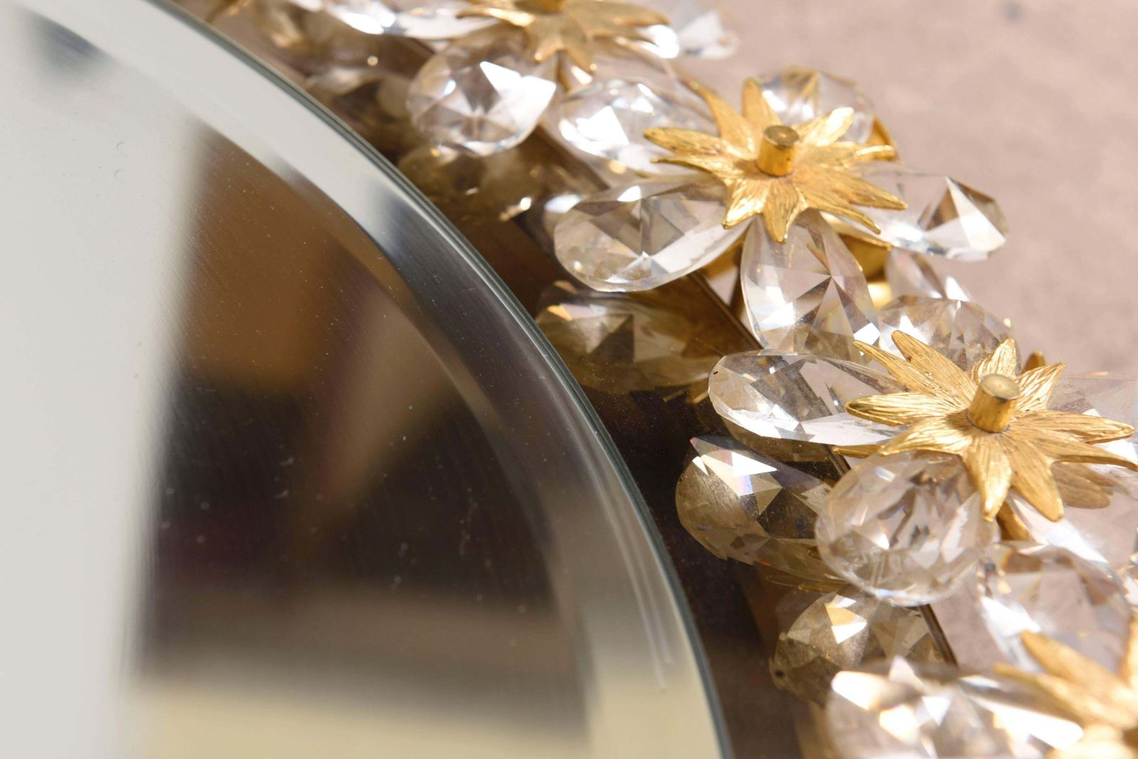 Sunburst Gilt Roses And Crystal Flowers Illuminated Mirror By Palwa, Germany photo 4457.0