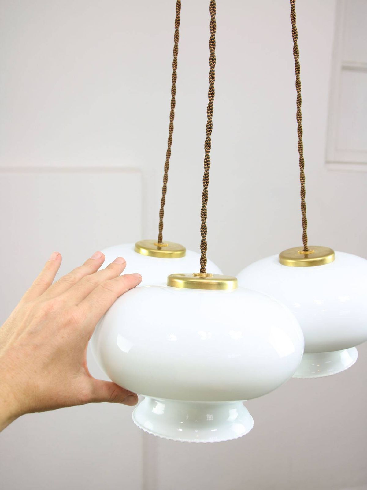 photo furniture Mid Century Italian Opaline Glass & Brass Pendant Lamp, Set Of 3