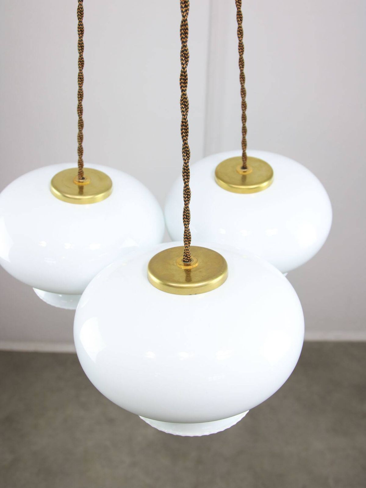 photo for sale Mid Century Italian Opaline Glass & Brass Pendant Lamp, Set Of 3