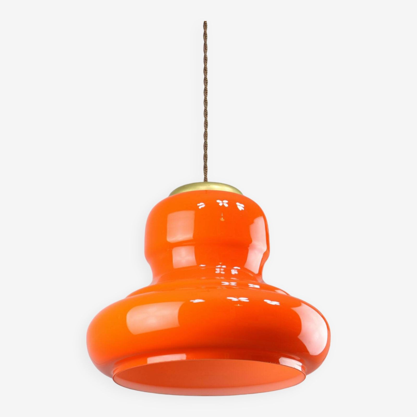 Mid Century Italian Orange Glass And Brass Pendant Lamp
