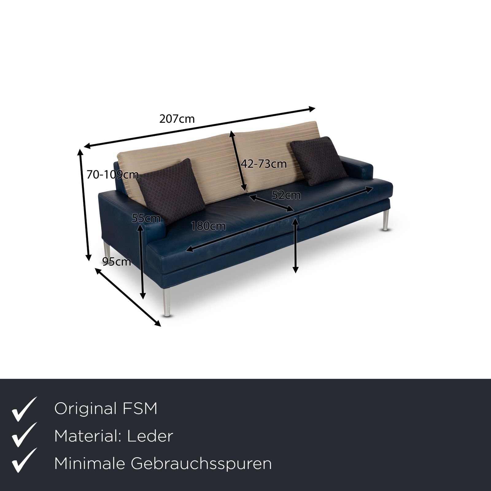 Canapé FSM Clarus 3 places en cuir bleu et marron, fonction manuelle photo furniture