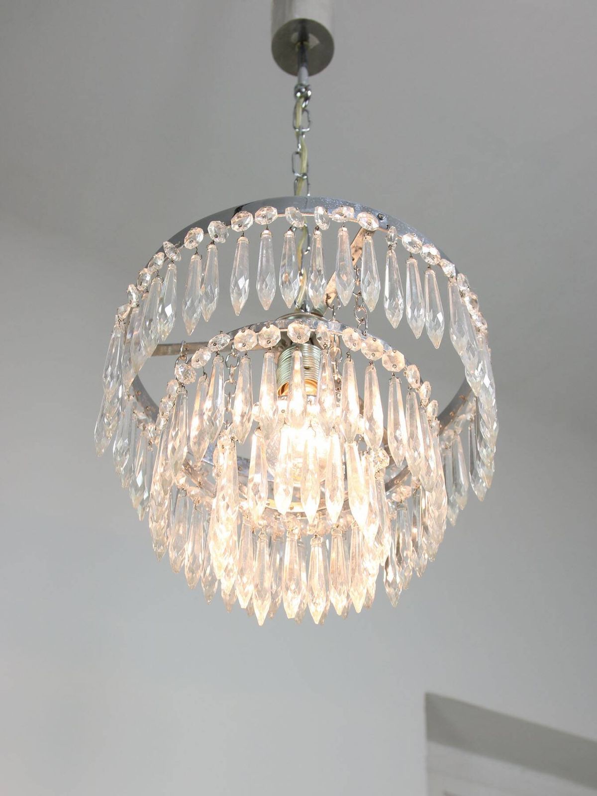 photo for sale Vintage Italian Crystal And Chrome Chandelier, 1970s