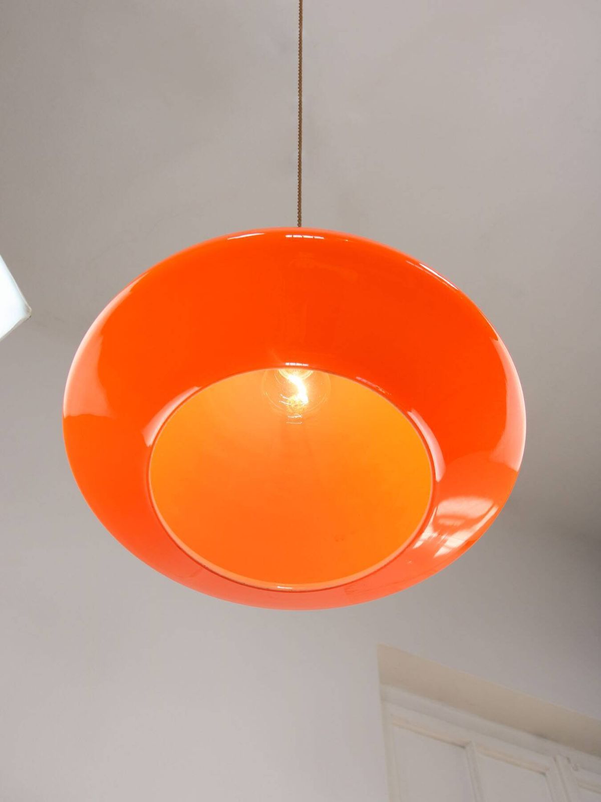 Mid Century Italian Orange Glass And Brass Pendant Lamp photo vintage